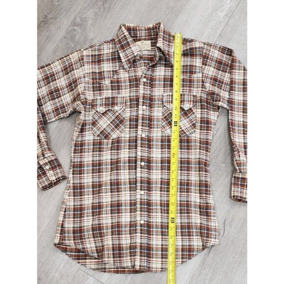 70s Vintage Dee Cee Western Striped Saw Tooth Pearl Snap Shirt S/M Plaid - Picture 2 of 7